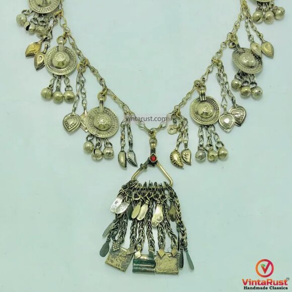 Ethnic Kuchi Tribal Necklace with Bells & Charms, Gypsy Choker Necklace - Picture 4 of 8